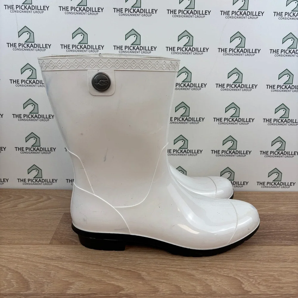 UGG White Rain Boots Women's Size 11 Mid Calf Waterproof‎ Rubber Lug Sole Shiny